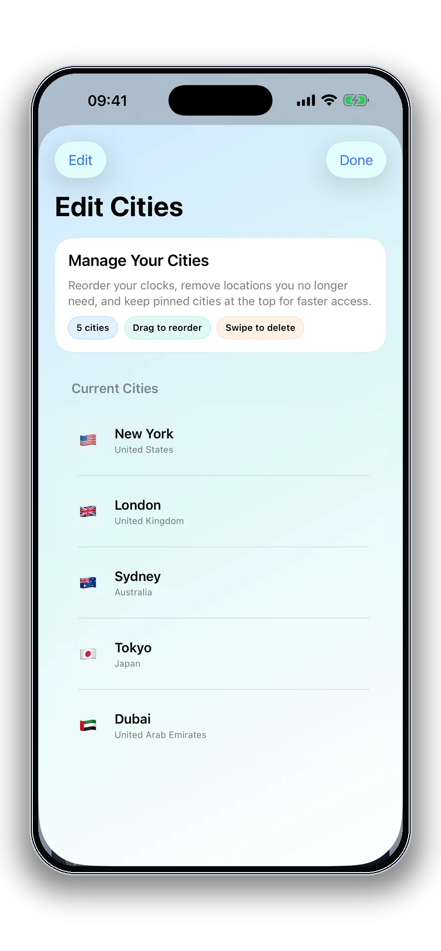 Manage saved cities